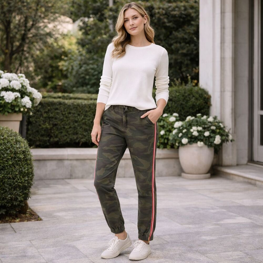 Anthropologie SUNDRY Camouflage Cotton Jogger Pants 29 Stripe Trim Ankle Zip USA